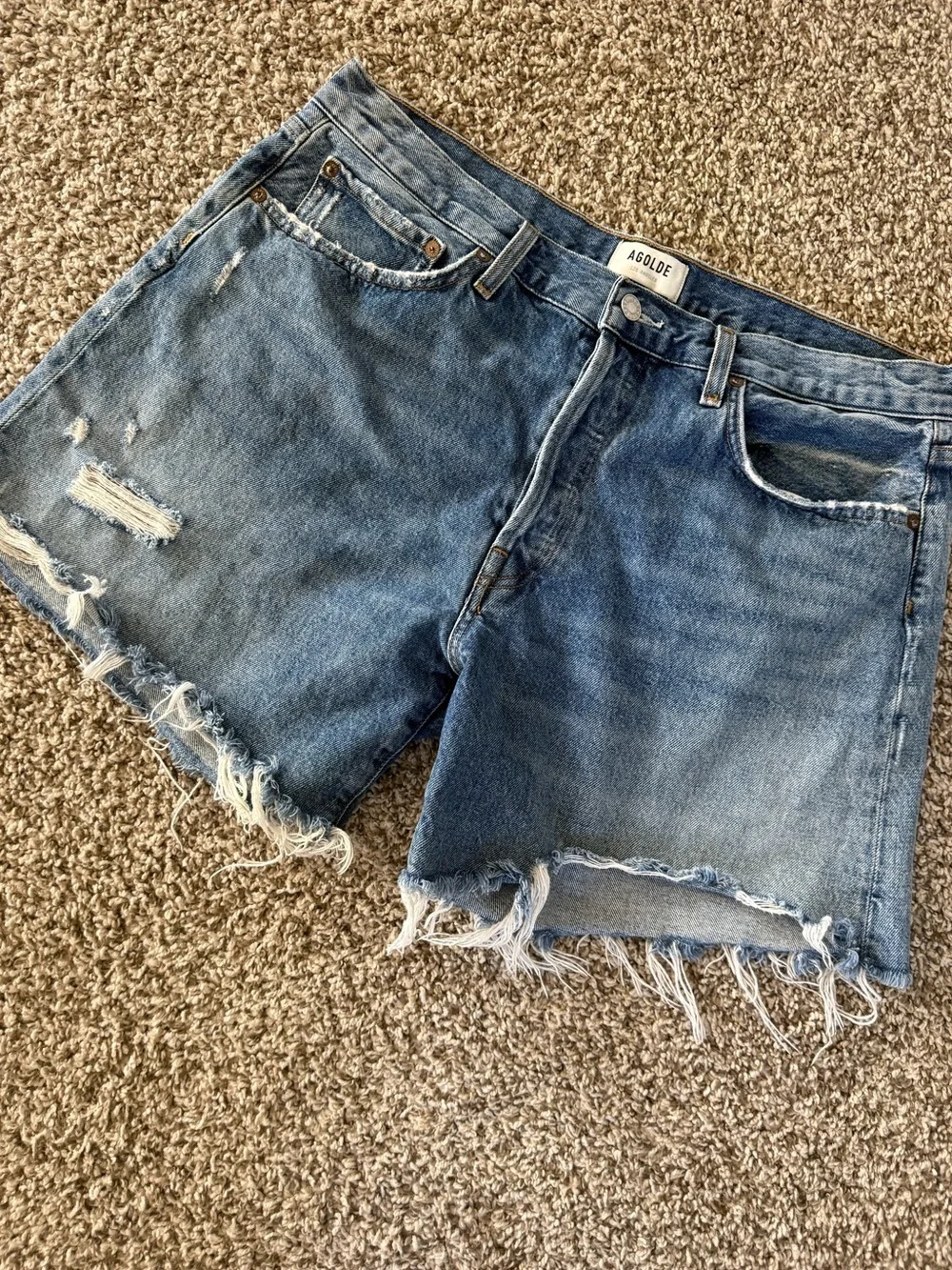 Agolde Distressed Parker Long High Rise 100% Cotton Denim Cutoff Shorts